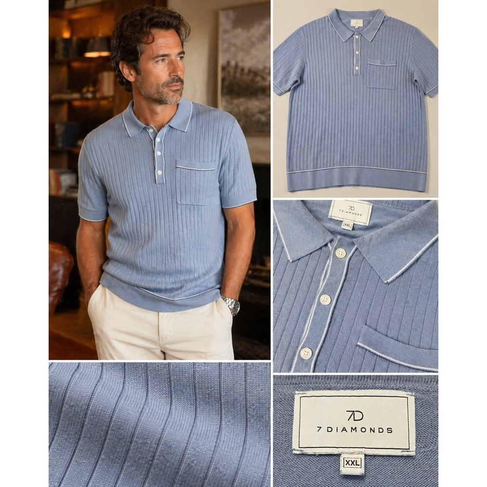 7 Diamonds Enzo Striped Sweater Polo Shirt Blue Ribbed Short Sleeve XXL